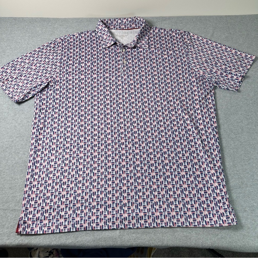 Maelreg‎ Mens Performance Polo Shirt 2XL Navy Pink Geometric Abstract Golf Tee